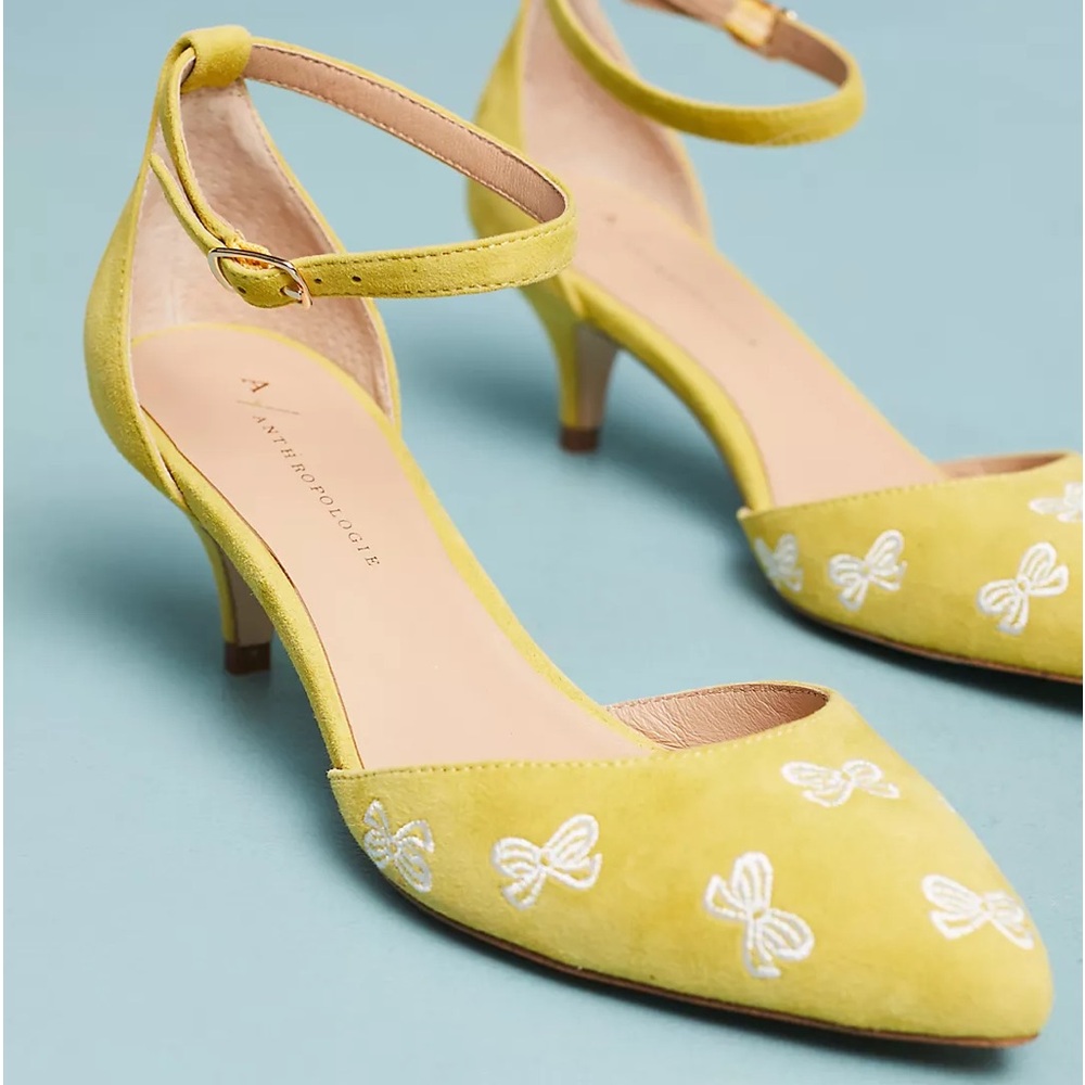 New in Box Anthropologie Yellow Bow Kitten Heels Shoes 8.5